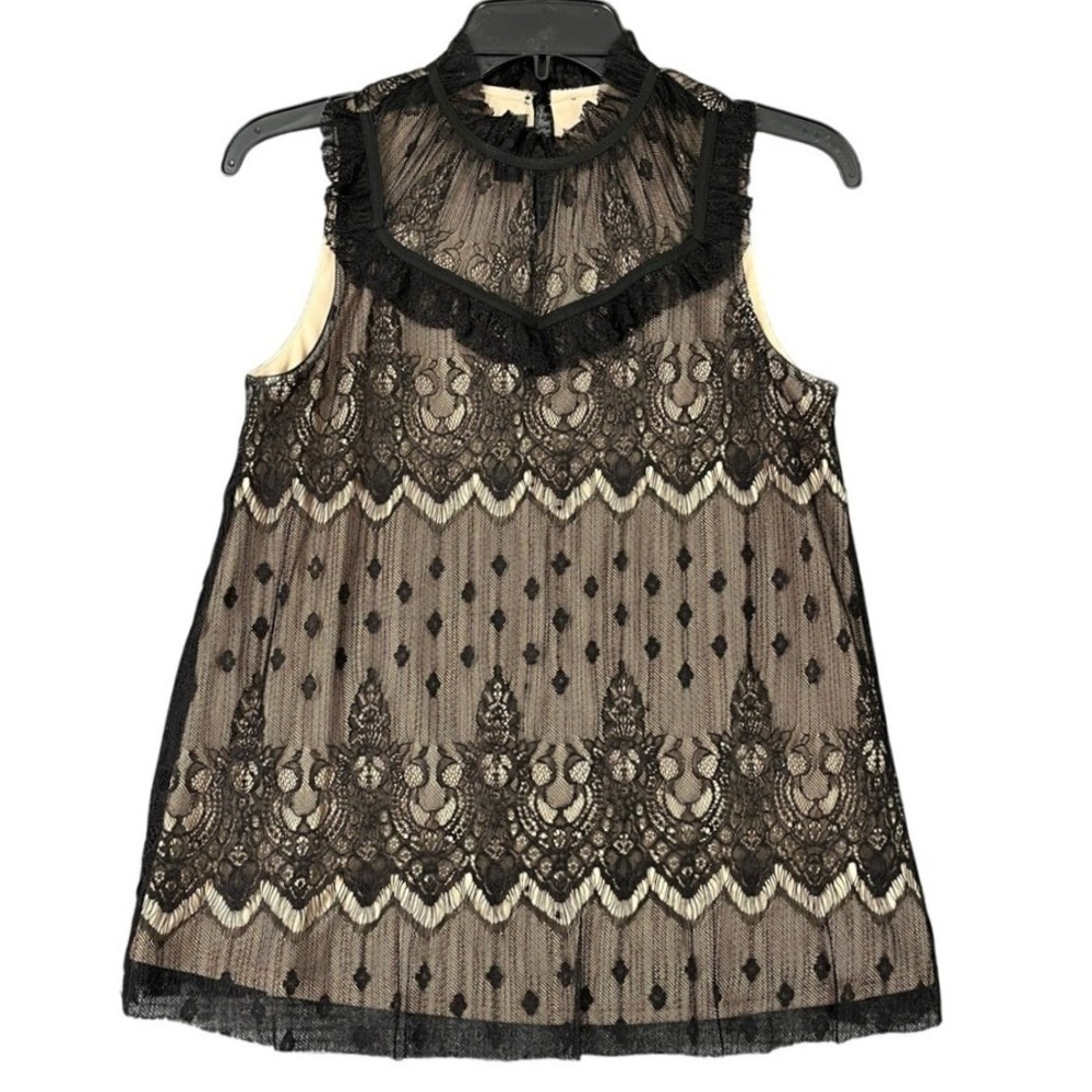 Byer California Mock Neck Lace Sleeveless Blouse Mesh Overlay Ruffle‎ S Womens